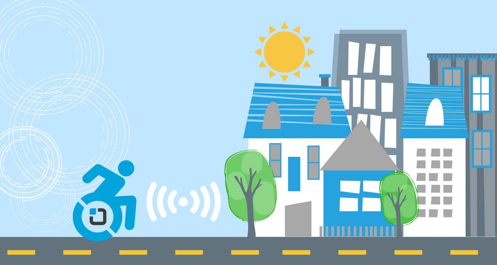 smart home graphic: wheelchair accessibility symbol with residential buildings and wifi symbol